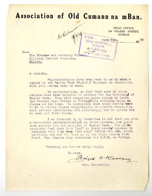 “The girls concerned feel that this ‘cut’ in their awards appears to indicate that they they ‘ran away’ before the end, which certainly was not the case as it was under orders from Comdt. Gen. Pearse they evacuated the GPO on Friday”.