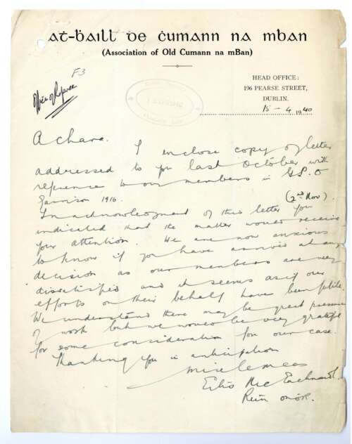 Two years later, Eilis O’Connell (Eilis Ní Conaill), Honorary Secretary of Association of Old Cumann na mBan) 34D865 LINK was still asking for a decision regarding these cases.