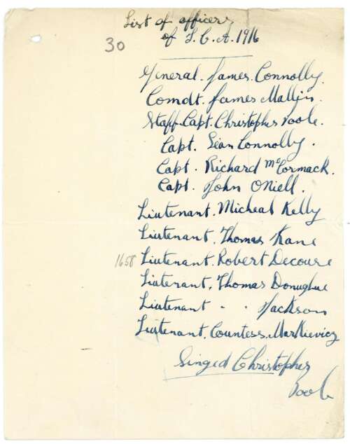 1916  List of ICA Officers Irish Citizen Army
