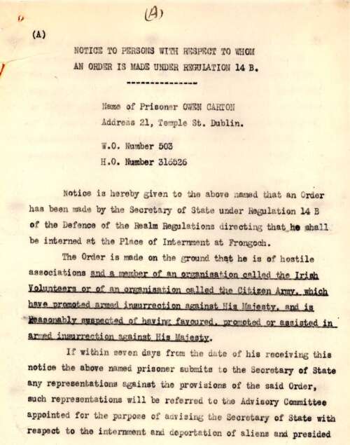 MSP34 REF809 Owen Carton internment order 1916