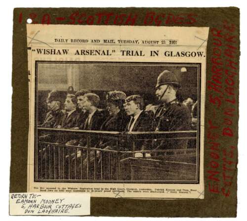 As well as membership listings, Nominal Rolls also occasionally contain other documents such as this newspaper cutting regarding the trial in August 1921 of IRA members arrested in Scotland. (RO603A Scottish Brigade Newspaper)