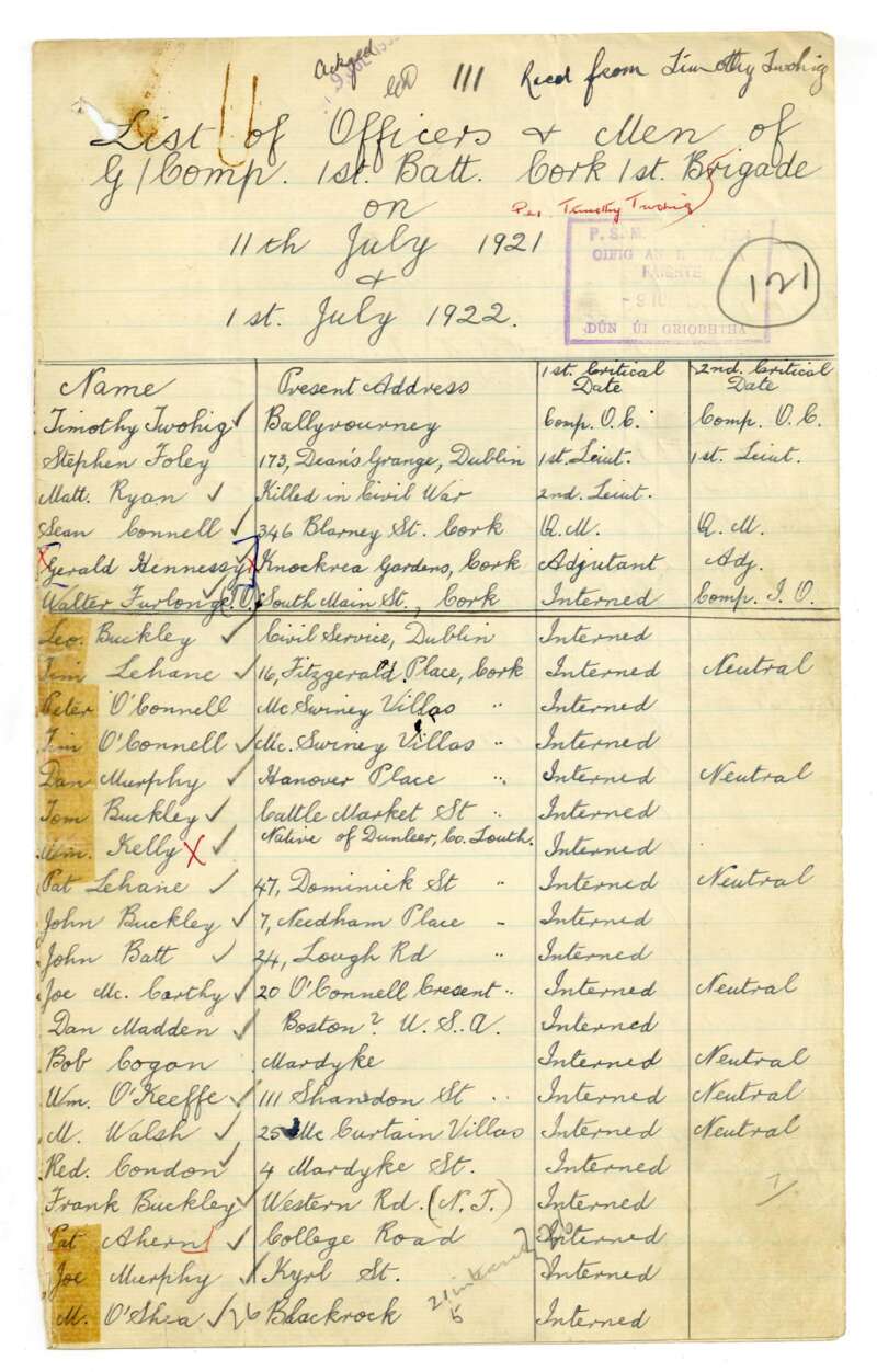 1 Cork Brigade, 1 Bn, G Coy - 11 July 1921 and 1 July 1922